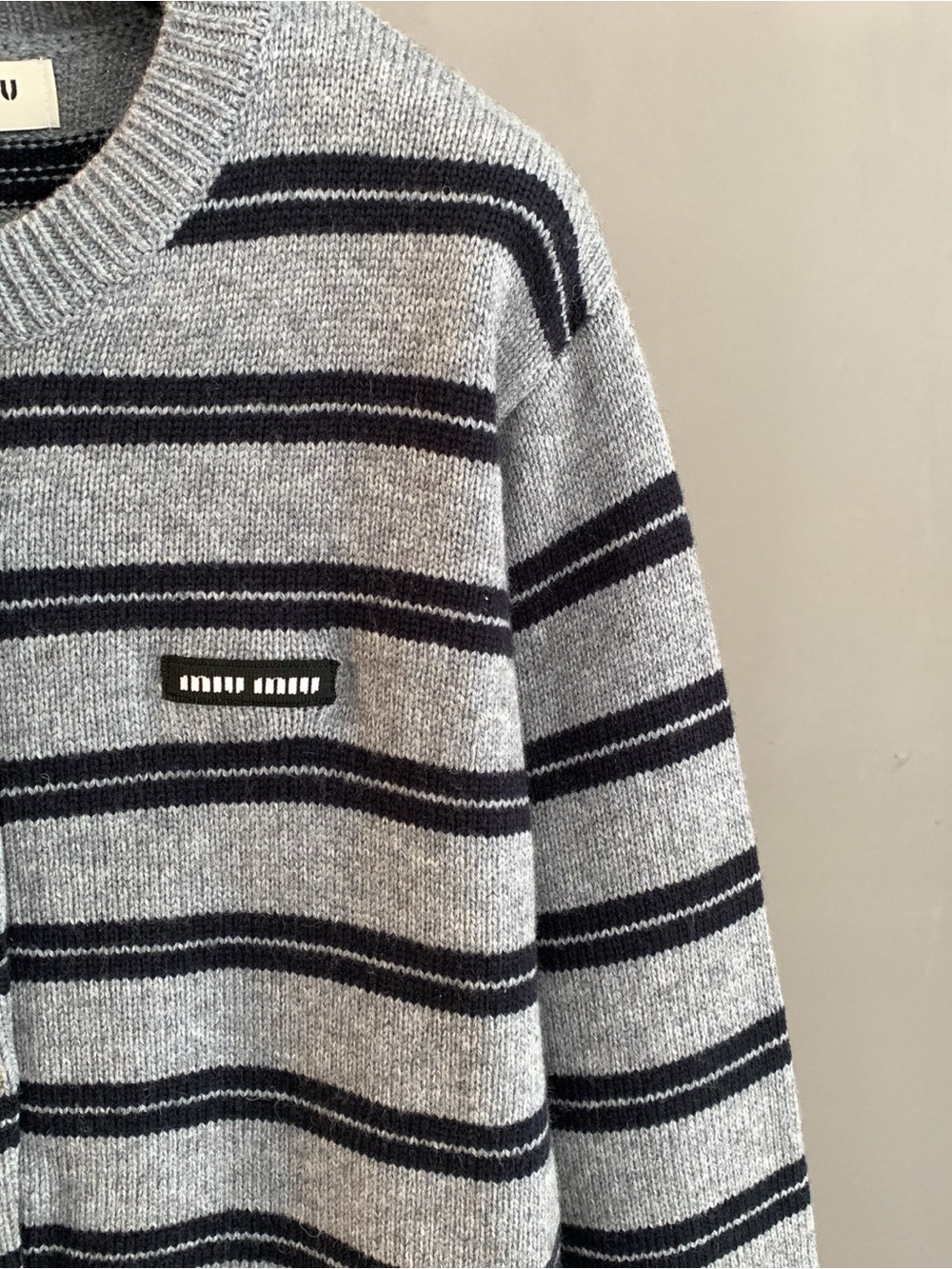 Miu Miu Gray Crewneck Sweater with Navy Stripes - Picture 6 of 10